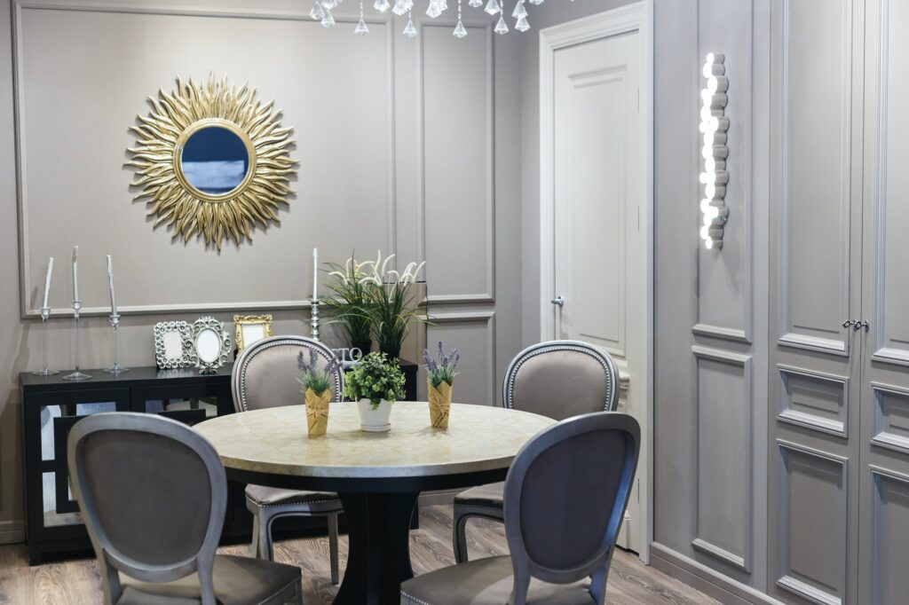 Dining room in luxury home with french doors